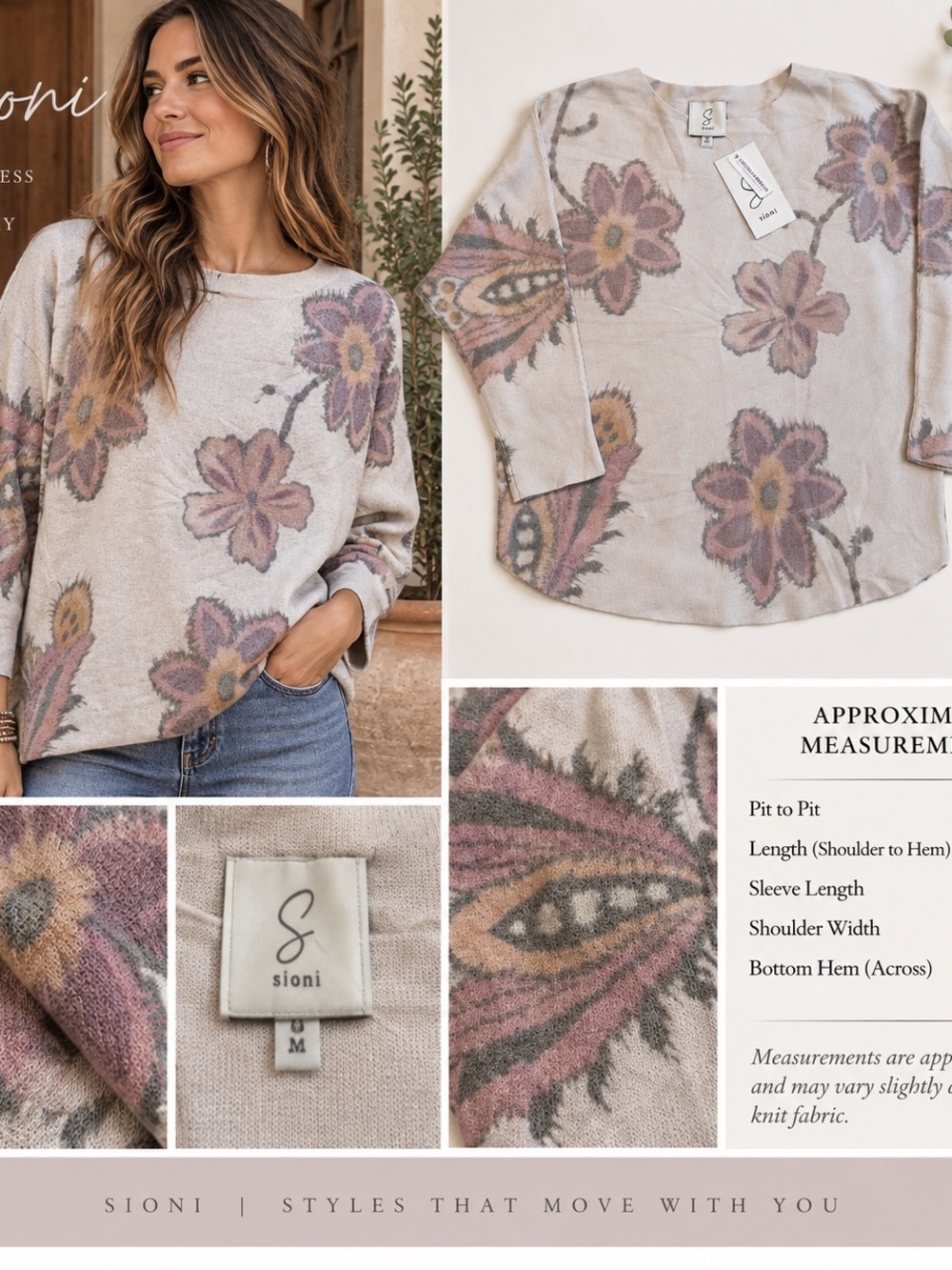 Sioni Beige Floral Crewneck Sweater with Mauve Accents 586CL